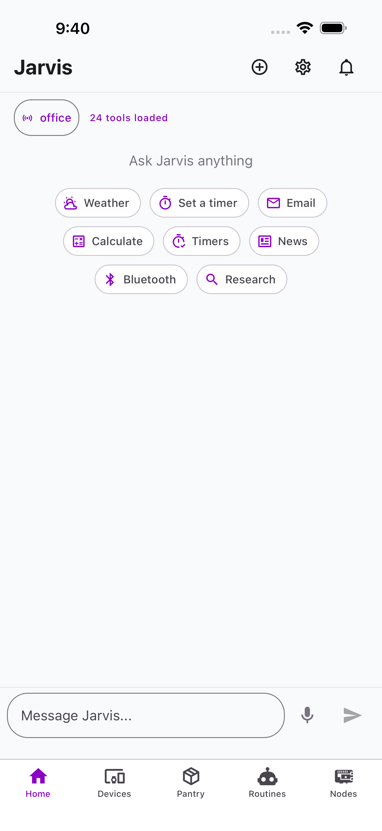 Home screen with quick actions