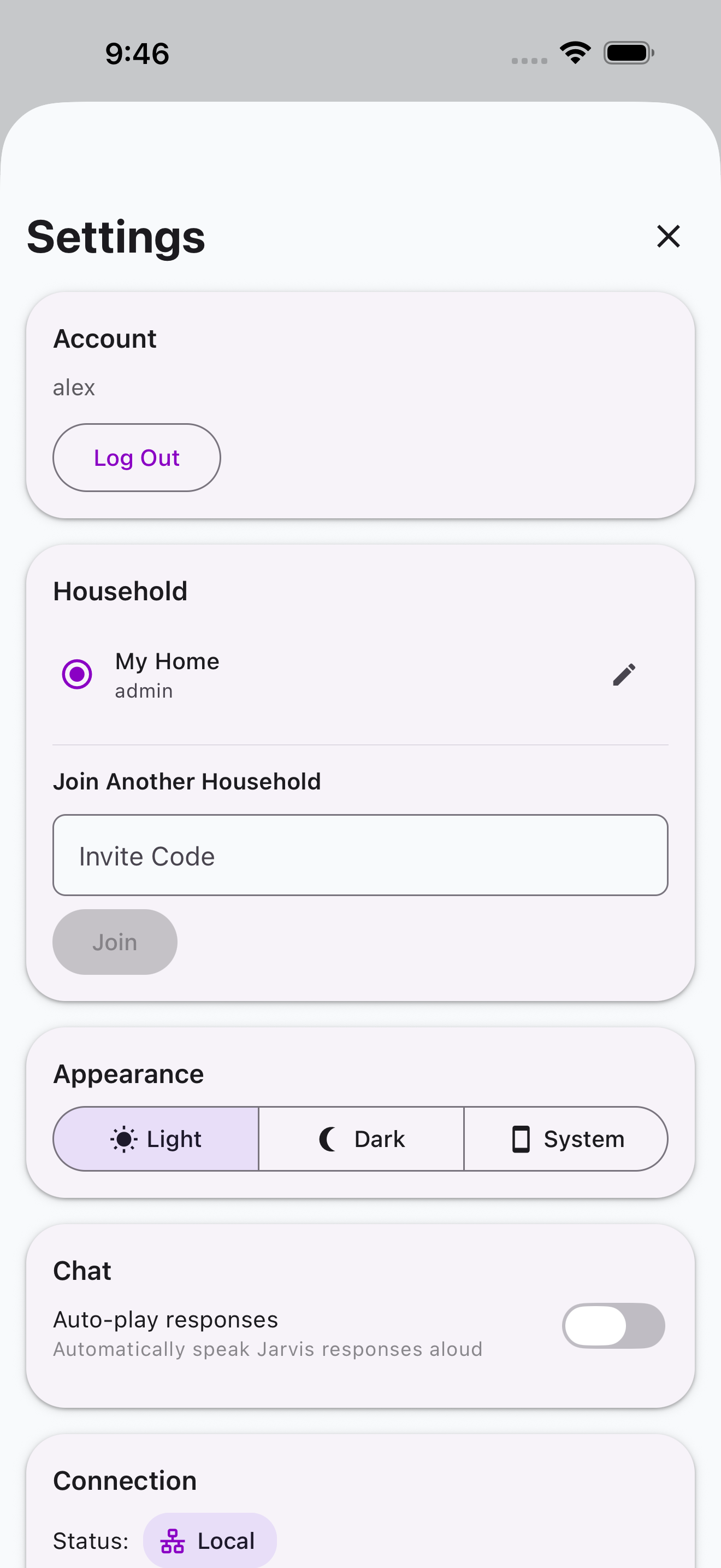 Settings screen